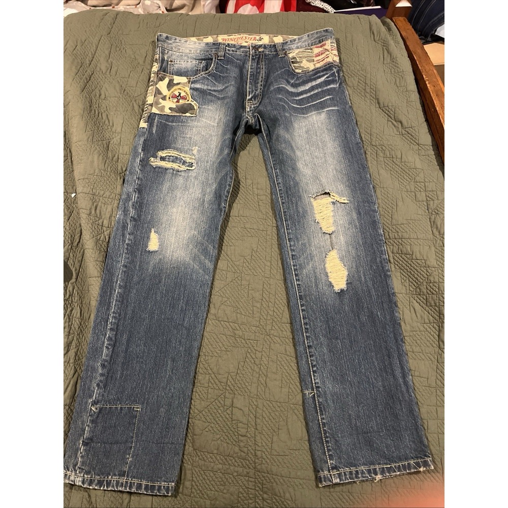 Winchester American Legend Denim Jeans Mens 40L Patriotic Embroidered Distress‎